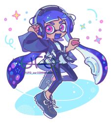 Rule 34 | 1girl, black pants, blue hair, commission, cross-laced footwear, dot nose, fang, full body, headphones, highres, inkling, inkling girl, inkling player character, long hair, nintendo, open mouth, pants, pink hair, shirt, shoes, simple background, smile, solo, sparkle, splatoon (series), tentacle hair, thick eyebrows, ufo sw, watermark, white background, white shirt