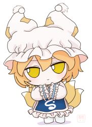 Rule 34 | animal hat, blonde hair, blue tabard, chibi, fox tail, fumo (doll), hands in opposite sleeves, hat, highres, kitsune, looking at viewer, mob cap, multiple tails, rei (tonbo0430), smile, tabard, tagme, tail, touhou, white background, yakumo ran