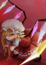 Rule 34 | 1girl, all fours, bad id, bad pixiv id, blonde hair, blood, embodiment of scarlet devil, female focus, flandre scarlet, full body, gradient background, hat, highres, mitsuki32k, red eyes, side ponytail, solo, touhou, wings