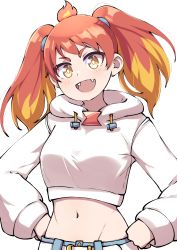 Rule 34 | 1girl, :d, absurdres, ahoge, blonde hair, breasts, bright pupils, commentary, crop top, disco brando, english commentary, fangs, hands on own hips, head tilt, highres, hikasa tomoshika, hood, hoodie, long sleeves, looking at viewer, medium breasts, midriff, multicolored hair, navel, open mouth, orange hair, sharp teeth, short twintails, simple background, smile, solo, standing, stomach, teeth, twintails, two-tone hair, upper body, v-shaped eyebrows, virtual youtuber, voms, white background, white hoodie, white pupils, yellow eyes