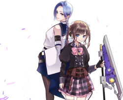 Rule 34 | 2girls, ahoge, arm at side, arm belt, assault lily, back-to-back, bare shoulders, belt, belt buckle, black belt, black gloves, black jacket, blue eyes, blue hair, blue sailor collar, blue skirt, bow, bowtie, braid, braided ponytail, brown belt, brown hair, brown pantyhose, buckle, buttons, closed mouth, collared shirt, commentary request, corset, cowboy shot, crop top, detached sleeves, falling petals, fingerless gloves, fingernails, frilled skirt, frilled thighhighs, frills, gloves, hair ribbon, hand on own hip, hand up, height difference, highres, holding, holding weapon, igusa subaru, jacket, jewelry, juliet sleeves, kishimoto lucia raimu, long hair, long sleeves, looking at viewer, looking back, low ponytail, ludvico private girls&#039; academy school uniform, medium hair, miniskirt, multiple belts, multiple girls, necklace, odaiba girls high school uniform, pantyhose, parted bangs, pendant, petals, pink bow, pink bowtie, pink skirt, plaid, plaid skirt, planted, pleated skirt, puffy sleeves, purple eyes, ribbon, ryokucha (cha 22 7), sailor collar, school uniform, serafuku, shirt, single braid, single glove, skirt, sleeveless, sleeveless shirt, smile, standing, thighhighs, twin braids, twintails, undershirt, weapon, white background, white ribbon, white shirt, white thighhighs, wide sleeves
