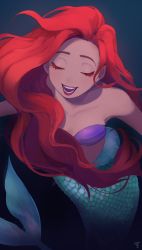 Rule 34 | 1girl, ariel (disney), arms at sides, bare arms, bare shoulders, bikini, bikini top only, breasts, collarbone, colored eyelashes, dark background, darkness, eyelashes, closed eyes, facing viewer, floating hair, from above, lips, long hair, mermaid, midriff, monster girl, music, open mouth, pano (mohayayamai), red hair, red lips, scales, shade, shadow, shell, shell bikini, singing, small breasts, solo, strapless, swimsuit, teeth, the little mermaid, underwater, very long hair, wavy hair