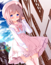 Rule 34 | 1boy, artist name, beret, blue eyes, blurry, blurry background, blush, breasts, building, chinomaron, closed mouth, cloud, cloudy sky, cowboy shot, depth of field, eyebrows hidden by hair, frills, hair between eyes, hand on own leg, hands up, hat, highres, lace trim, long hair, long sleeves, looking at viewer, original, outdoors, pink hair, pink hat, pink sailor collar, pink skirt, pleated skirt, sailor collar, shirt, signature, skirt, sky, small breasts, solo, standing, sunlight, thighhighs, trap, white footwear, white shirt, zettai ryouiki