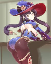 Rule 34 | 1girl, ass, bad id, bad twitter id, bare shoulders, black hair, blush, breasts, genshin impact, gimnang, gloves, green eyes, hat, highres, huge ass, large breasts, leaning, leaning forward, long hair, looking at viewer, looking back, mona (genshin impact), nipples, pantyhose, shiny clothes, shiny skin, sideboob, solo, twintails, very long hair, wardrobe malfunction
