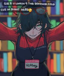 Rule 34 | 1girl, apron, black hair, blurry, blurry background, brand name imitation, breasts, chainsaw man, eyepatch, eyewear on head, green eyes, highres, himeno (chainsaw man), id card, kabedon, lanyard, large breasts, library, liowig, looking at viewer, parted lips, pov, red-framed eyewear, red sweater, short hair, smile, solo, sweat, sweater