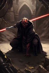 Rule 34 | 1boy, absurdres, alien, black robe, building, colored skin, darth maul, double bladed lightsaber, energy sword, highres, holding, holding lightsaber, holding weapon, horns, lightsaber, looking at viewer, red lightsaber, red skin, robe, rock, sith, star wars, sword, tattoo, tonyblues, weapon, yellow eyes, zabrak