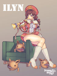 Rule 34 | 10s, 1girl, belt, boots, brown hair, chair, character name, copyright name, creature, dragon nest, eileen (dragon nest), full body, gloves, grey background, hat, instrument, knee boots, kubu kurin, long hair, poochum, red eyes, sharp teeth, shawl, sitting, skindentation, skirt, solo, teeth, trumpet