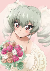 Rule 34 | 1girl, anchovy (girls und panzer), artist name, blush, bouquet, closed mouth, commentary, dress, drill hair, elbow rest, flower, frilled dress, frills, girls und panzer, gloves, green hair, hair ribbon, holding, holding bouquet, kanau, layered dress, long hair, looking at viewer, pink background, red eyes, ribbon, rose, signature, smile, solo, sparkle, strapless, strapless dress, twin drills, twintails, wedding dress, white dress, white gloves, white ribbon