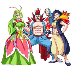 Rule 34 | 1boy, 2girls, abs, animal ears, antenna hair, baggy pants, bare arms, bare pectorals, bare shoulders, black hair, blonde hair, breasts, clenched hands, coat, collared dress, collared vest, commentary, crazy smile, creatures (company), dress, english commentary, feraligatr, fingerless gloves, fire, flower, full body, game freak, gen 2 pokemon, gloves, green hair, hair flower, hair ornament, hand on own hip, high collar, highres, long coat, long dress, looking at viewer, meganium, midriff, mohawk, multicolored hair, multiple girls, muscular, muscular male, nintendo, open clothes, open coat, open vest, own hands together, pants, pectorals, personification, pokemon, purple hair, red eyes, red hair, shoes, simple background, smile, standing, starter pokemon trio, stomach, strapless, strapless dress, taut clothes, taut dress, tina fate, toned, tongue, tongue out, torn clothes, two-tone hair, typhlosion, v arms, vest, white background, yellow eyes