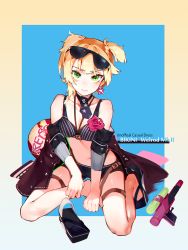 Rule 34 | 1girl, ball, between legs, bikini, bikini top only, blonde hair, blush, bolt action, breasts, casual, character name, closed mouth, commentary, earrings, eyewear on head, flower, girls&#039; frontline, gradient background, green eyes, gun, hand between legs, handgun, highres, integral suppressor, integrally-suppressed firearm, jewelry, looking at viewer, mania (fd6060 60), manual firearm, medium breasts, navel, necktie, platform footwear, short hair, short shorts, shorts, sitting, solo, star (symbol), star earrings, sunglasses, suppressor, swimsuit, thigh strap, twintails, volleyball (object), water gun, weapon, welrod, welrod mk ii, welrod mkii (girls&#039; frontline), yokozuwari