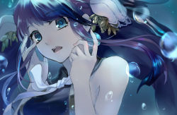 Rule 34 | 1girl, air bubble, blue eyes, bubble, hands up, long hair, looking at viewer, ningyo hime (sinoalice), open mouth, purple hair, qitoli, sinoalice, solo, teeth, underwater