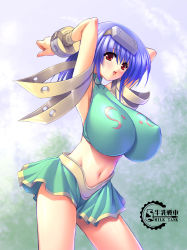 Rule 34 | 1girl, :d, armor, armpits, arms up, bandages, blue hair, blush, bracelet, breasts, choker, cloud, covered erect nipples, crop top, day, gunner-l, hairband, huge breasts, impossible clothes, impossible shirt, jewelry, lunar wing, midriff, navel, open mouth, outdoors, patti (lunar wing), pleated skirt, red eyes, shirt, short hair, skirt, sky, smile, solo, standing, turtleneck
