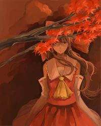 Rule 34 | 1girl, ajino motoko, ascot, autumn leaves, bad id, bad pixiv id, bow, brown eyes, brown hair, cloud, cloudy sky, commentary request, detached sleeves, expressionless, hair bow, hair tubes, hakurei reimu, highres, long hair, looking at viewer, orange sky, red skirt, serious, skirt, sky, sleeveless, solo, touhou, branch, wind