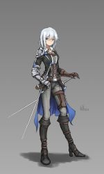 Rule 34 | 1girl, armor, asymmetrical gloves, blue eyes, boots, contrapposto, full body, gauntlets, gloves, grey background, hair between eyes, hand on own hip, hand on sword, high heels, highres, knee boots, leather, leather boots, leather gloves, light smile, looking at viewer, medium hair, original, pants, pouch, rapier, shoulder armor, signature, solo, sword, thigh pouch, uneven gloves, waist cape, weapon, when, white hair