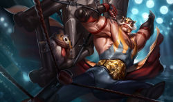 Rule 34 | 1boy, alternate costume, belt, biceps, blue eyes, bodysuit, braum (league of legends), brown hair, cable, cape, chair, charles liu, chest hair, el tigre braum, elbow gloves, facial hair, feet out of frame, fingerless gloves, gloves, hairy, jewelry, large pectorals, league of legends, light, light rays, looking to the side, male focus, manly, mask, mature male, muscular, muscular male, mustache, official art, pectorals, poro (league of legends), ring, sidepec, solo, stage, stage lights, teeth, thick arms, tight clothes, veins, veiny arms, weapon, white hair