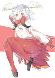 Rule 34 | 10s, 1girl, :o, absurdres, ass, bad id, bad pixiv id, black footwear, blunt bangs, breasts, brown eyes, gloves, head wings, highres, japanese crested ibis (kemono friends), kamioka shun&#039;ya, kemono friends, long sleeves, looking at viewer, mary janes, multicolored hair, pantyhose, pleated skirt, red gloves, red hair, red pantyhose, shirt, shoes, sidelocks, skirt, small breasts, solo, tail, two-tone hair, white hair, white shirt, wings