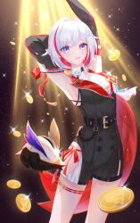 Rule 34 | 1girl, :d, absurdres, aqinorz, armpits, arms up, bare shoulders, belt, black belt, black gloves, blue eyes, breasts, coin, cowboy shot, elbow gloves, gloves, hair ornament, highres, honkai: star rail, honkai (series), light rays, looking at viewer, multicolored hair, numby (honkai: star rail), open mouth, red hair, sleeveless, small breasts, smile, solo, standing, streaked hair, thigh strap, topaz (honkai: star rail), trotter (honkai: star rail), white hair