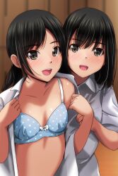 Rule 34 | 2girls, :d, absurdres, black hair, blue bra, blush, bow, bow bra, bra, breasts, brown eyes, collarbone, collared shirt, dated commentary, dressing, highres, long hair, looking at viewer, matsunaga kouyou, multiple girls, open clothes, open mouth, open shirt, original, polka dot, polka dot bra, shirt, short sleeves, small breasts, smile, teeth, underwear, upper body, upper teeth only, white bow, white shirt, wooden wall