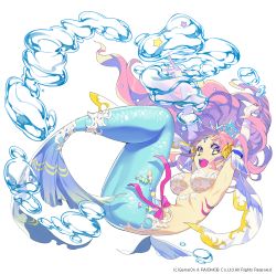 Rule 34 | 1girl, air bubble, breasts, bubble, elbow gloves, floating hair, full body, gem, gloves, happy, large breasts, long hair, looking at viewer, mansu, mermaid, monster girl, official art, open mouth, original, pink hair, ribbon, simple background, solo, star (symbol), underwater, white background, yellow eyes