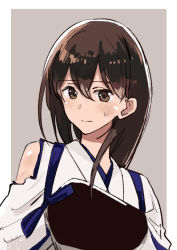 Rule 34 | 1girl, border, brown eyes, brown hair, commentary request, grey background, hair down, japanese clothes, kaga (kancolle), kantai collection, long hair, muneate, solo, takamachiya, tasuki, torn clothes, two-tone background, upper body, white border