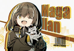 Rule 34 | 1girl, ;d, arknights, bad id, bad pixiv id, barcode, black jacket, brown hair, character name, earrings, figure, gloves, holding, jacket, jacknavy, jewelry, long sleeves, looking at viewer, magallan (arknights), mask, mask around neck, multicolored hair, one eye closed, open mouth, short hair, smile, solo, streaked hair, emperor (arknights), two-tone hair, white gloves, white hair, yellow eyes