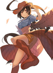 Rule 34 | 1girl, bare shoulders, black hair, black wings, blue shirt, boots, breasts, brown footwear, brown hat, brown skirt, commentary, cowboy hat, falken (yutozin), feathered wings, feet out of frame, hair between eyes, hand up, hat, highres, knee boots, kurokoma saki, long hair, looking at viewer, medium breasts, miniskirt, off-shoulder shirt, off shoulder, one-hour drawing challenge, puffy short sleeves, puffy sleeves, red eyes, shirt, short sleeves, simple background, skirt, smile, solo, thighs, touhou, white background, wings