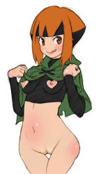Rule 34 | 1girl, bad anatomy, blunt bangs, bottomless, breasts, capelet, covered erect nipples, cowboy shot, creatures (company), flat chest, game freak, gardenia (pokemon), green capelet, gym leader, lifted by self, navel, nintendo, nippleless clothes, nipples, no bra, orange hair, pokemon, pussy, short hair, simple background, solo, tongue, uncensored, white background