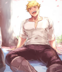 Rule 34 | 1boy, bara, black pants, blonde hair, boots, closed eyes, day, falling petals, granblue fantasy, large pectorals, male focus, muscular, muscular male, official alternate costume, open mouth, outdoors, pants, pectoral cleavage, pectorals, petals, shirt, short hair, sitting, sleeves rolled up, smile, solo, sumo fck, undercut, vane (granblue fantasy), white shirt