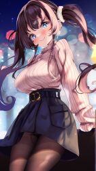 Rule 34 | 1girl, absurdres, against wall, belt, blue eyes, blurry, blurry background, blush, breasts, brown hair, closed mouth, from below, high-waist skirt, highres, jewelry, large breasts, long hair, long sleeves, looking at viewer, necklace, night, nyahu (nyahu 77), original, panties, panty peek, pantyhose, ribbed sweater, skirt, smile, solo, sweater, sweater tucked in, thighband pantyhose, twintails, underwear, very long hair