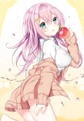 Rule 34 | 1girl, apple, dress shirt, food, fruit, highres, kamioka shun&#039;ya, original, pink hair, shirt, sweater