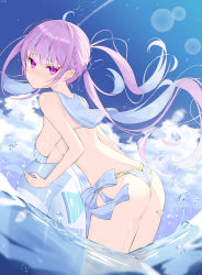 Rule 34 | 1girl, absurdres, ahoge, ass, bikini, blue bikini, blue bow, blue hair, blue nails, blue ribbon, blue sailor collar, blue sky, bow, braid, breasts, closed mouth, cloud, commentary request, day, floating hair, from side, hair ribbon, highres, holding, holding swim ring, hololive, innertube, leaning forward, legs together, long hair, looking at viewer, looking to the side, medium breasts, minato aqua, multicolored hair, nail polish, outdoors, purple eyes, purple hair, ribbon, sailor bikini, sailor collar, single braid, sky, solo, somnya, standing, striped bikini, striped clothes, swim ring, swimsuit, tsurime, twintails, two-tone hair, very long hair, virtual youtuber, wading, water, water drop
