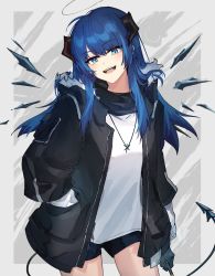 Rule 34 | 1girl, arknights, black jacket, black scarf, black shorts, blue eyes, blue hair, cowboy shot, demon girl, demon horns, demon tail, detached wings, energy wings, fur-trimmed hood, fur trim, halo, hand in pocket, highres, hood, horns, jacket, jewelry, long hair, looking at viewer, mabing, mostima (arknights), necklace, open clothes, open jacket, open mouth, scarf, shirt, short shorts, shorts, slit pupils, solo, tail, white shirt, wings