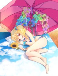 Rule 34 | 1girl, anklet, ass, bare arms, bare legs, barefoot, beach towel, bikini, blonde hair, blue bikini, flandre scarlet, flower, hair ornament, hair scrunchie, holding, holding flower, jewelry, looking at viewer, lying, noala, on side, open mouth, parasol, red eyes, scrunchie, smile, solo, star (symbol), sunflower, swimsuit, touhou, towel, umbrella, wings, wrist cuffs