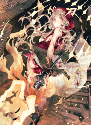 Rule 34 | 1girl, animal ears, bad id, bad twitter id, blonde hair, blood, blood on clothes, blood splatter, blunt bangs, blush, boots, building, closed mouth, energy, expressionless, highres, holding, holding weapon, jacket, unworn jacket, long hair, looking at viewer, looking back, moo alice moo, night, orange eyes, outdoors, reality arc (sinoalice), red riding hood (sinoalice), ruins, shirt, sidelocks, sinoalice, skyscraper, solo, solo focus, tail, torn clothes, torn shirt, wavy hair, weapon