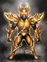 Rule 34 | 1boy, arcle (kuuga), arm blade, armor, belt, bodysuit, breastplate, character request, clenched hands, commentary request, compound eyes, electricity, full armor, full body, gauntlets, gloves, glowing, gold armor, gold horns, helmet, highres, horns, kamen rider, kamen rider dcd, kamen rider kuuga, kamen rider kuuga (series), kamen rider kuuga (super rising ultimate form), looking at viewer, mask, orange eyes, pauldrons, rider belt, shoulder armor, solo, standing, taikyokuturugi, tokusatsu, weapon