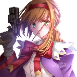 Rule 34 | 1girl, braid, breasts, brown hair, closed mouth, commentary request, dress, gloves, green eyes, gun, hairband, long hair, looking at viewer, red hairband, simple background, solo, virginia maxwell, weapon, white background, wild arms, wild arms 3, yuzushiro