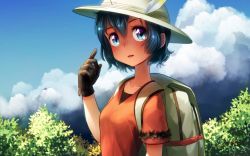 Rule 34 | 10s, 1girl, backpack, bag, black gloves, blue eyes, blue hair, blue sky, bow, bush, cloud, collarbone, commentary request, day, gloves, hair bow, hand up, hat, hat feather, kaban (kemono friends), kemono friends, looking at viewer, outdoors, parted lips, pointing, pointing at self, pointing up, red shirt, shirt, short hair, short sleeves, sky, solo, upper body, welt (kinsei koutenkyoku), white hat