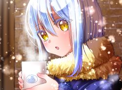 Rule 34 | 1other, androgynous, bad id, bad pixiv id, blue coat, bouquetforangel, coat, cup, fur-trimmed coat, fur trim, hair between eyes, highres, holding, holding cup, open mouth, outdoors, portrait, rimuru tempest, short hair, silver hair, snowing, solo, tensei shitara slime datta ken, yellow eyes