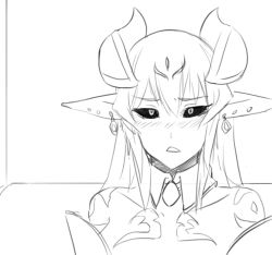 Rule 34 | 1girl, armor, black sclera, blush, colored sclera, d:, demon girl, druella, earrings, greyscale, horns, jewelry, less, lilim (monster girl encyclopedia), long hair, looking at viewer, monochrome, monster girl encyclopedia, monster girl encyclopedia world guide i: fallen maidens, open mouth, pointy ears, sitting, tattoo