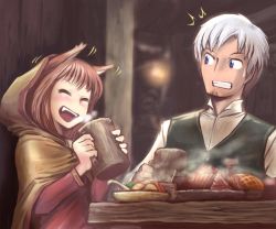 Rule 34 | 00s, 1boy, 1girl, ^ ^, animal ears, beard, blue eyes, blurry, blush, bread, brown hair, clenched teeth, closed eyes, craft lawrence, cup, depth of field, facial hair, fang, fangs, food, holding, holo, hood, indoors, long sleeves, looking at another, looking to the side, meat, motion lines, mug, open mouth, plate, shirt, silver hair, spice and wolf, spoon, steam, surprised, sweatdrop, table, tanigawa hiroshi, teeth, upper body, vest, wolf ears, wooden table