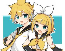 Rule 34 | 1boy, 1girl, :d, akikan sabago, aqua eyes, bare shoulders, bass clef, blonde hair, bow, brother and sister, commentary, crop top, detached sleeves, fang, hair bow, hair ornament, hairclip, headphones, headset, highres, kagamine len, kagamine rin, locked arms, midriff, navel, neckerchief, necktie, open mouth, page number, sailor collar, shirt, short hair, short ponytail, shorts, shoulder tattoo, siblings, sleeveless, sleeveless shirt, smile, sweatdrop, swept bangs, tattoo, treble clef, twins, vocaloid, white bow, yellow nails, yellow neckerchief, yellow necktie