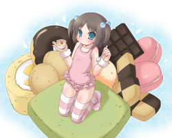 Rule 34 | 1girl, bad id, bad pixiv id, blue eyes, brown hair, cake, candy, checkerboard cookie, chocolate, chocolate bar, cookie, doughnut, flat chest, food, kneeling, one-piece swimsuit, original, pink one-piece swimsuit, pink thighhighs, short hair, solo, spoon, striped clothes, striped thighhighs, suizenji juuzou, swimsuit, thighhighs, twintails