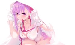 Rule 34 | 1girl, bb (fate), bb (fate/extra), blanket, blush, breasts, collarbone, fate/extra, fate/extra ccc, fate (series), gloves, hair ribbon, highres, large breasts, leaning forward, leotard, long hair, looking at viewer, neck ribbon, purple eyes, purple hair, red ribbon, ribbon, simple background, sitting, smile, solo, tongue, tongue out, very long hair, white background, white gloves, white leotard, yaguo