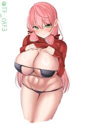Rule 34 | 1girl, akashi (kancolle), alternate breast size, alternate costume, bikini, black bikini, blunt tresses, blush, breasts, cleavage, closed mouth, clothes lift, commentary request, cowboy shot, eyepatch bikini, green eyes, hair between eyes, hair ribbon, hands on own chest, highres, huge breasts, kantai collection, lifted by self, long hair, looking at viewer, navel, one-hour drawing challenge, pink hair, red sweater, ribbon, smile, solo, sweater, sweater lift, swimsuit, tf cafe, tress ribbon, very long hair