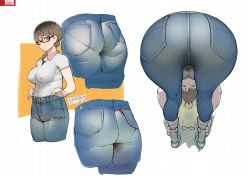 Rule 34 | 1girl, ass, ass focus, bent over, black-framed eyewear, blouse, blue eyes, breasts, brown hair, collared shirt, covered erect nipples, denim, flat ass, glasses, highres, hip focus, jeans, large breasts, legs, looking at viewer, looking through own legs, multiple views, namaniku atk, original, pants, pantylines, shirt, short hair, socks, standing, thick thighs, thighs, translation request, unworn eyewear, white background, white shirt