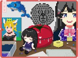Rule 34 | 1girl, 2channel, alice mikan, arts and crafts, black dress, black hair, black jacket, blazer, blue eyes, blue sweater vest, blush stickers, border, bow, bowsette, bowtie, chibi, closed eyes, closed mouth, commentary request, container, copyright request, crown, dolphin, dress, fuse beads, grey skirt, hair ornament, hairclip, highres, horns, jacket, kairu the dolphin, long hair, mario (series), meme, microsoft office, mini person, minigirl, neta, new super mario bros. u deluxe, nijisanji, nintendo, on table, pink bow, pink bowtie, pixel art, ponytail, red border, school uniform, shirt, sitting, skirt, sleeping, sleeping upright, smile, solo, sweater vest, table, tanasinn, tape, tomato, tsukino mito, tsukino mito (1st costume), tsukino mito (3rd costume), tweezers, virtual youtuber, white shirt