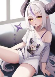 Rule 34 | 1girl, absurdres, ahoge, alternate costume, blush, braid, braided bangs, breasts, character print, create8, demon horns, grey hair, highres, hololive, horns, la+ darknesss, long hair, looking at viewer, multicolored hair, open mouth, pointy ears, purple hair, self character print, shirt, sidelocks, single braid, small breasts, solo, streaked hair, very long hair, virtual youtuber, white shirt, yellow eyes