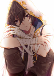 Rule 34 | 1boy, ayer, bandages, bandage on face, bandaged arm, bandaid, bandaid on face, bandaid on nose, brown hair, commentary request, granblue fantasy, hood, male focus, parted lips, purple eyes, shinkusora, short hair, sitting, solo