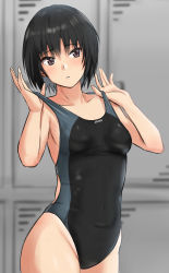 Rule 34 | 1girl, absurdres, amagami, black eyes, black hair, black one-piece swimsuit, blurry, blurry background, bob cut, breasts, clothes pull, collarbone, competition swimsuit, highres, locker, nanasaki ai, navel, one-piece swimsuit, one-piece swimsuit pull, short hair, sideways glance, small breasts, solo, swimsuit, yoo tenchi