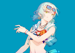 Rule 34 | 1girl, absurdres, aqua hair, bang dream!, bikini, blue background, bracelet, breasts, chinese commentary, cleavage, collarbone, commentary request, cropped jacket, earrings, eyewear on head, flower, frilled jacket, frills, green eyes, hair flower, hair ornament, hairclip, highres, hikawa hina, jacket, jewelry, looking at viewer, medium breasts, medium hair, navel, necklace, sidelocks, simple background, sleeveless, sleeveless jacket, smile, solo, stomach, striped bikini, striped clothes, swimsuit, upper body, v, walluka, white bikini